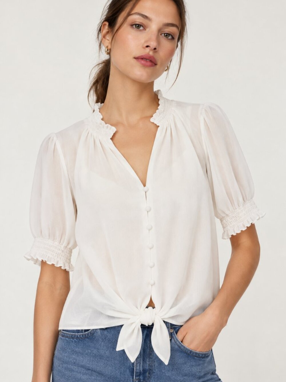 1.STATE Ivory White Smocked Neck Puff Sleeve Button Front Tie Hem Blouse L